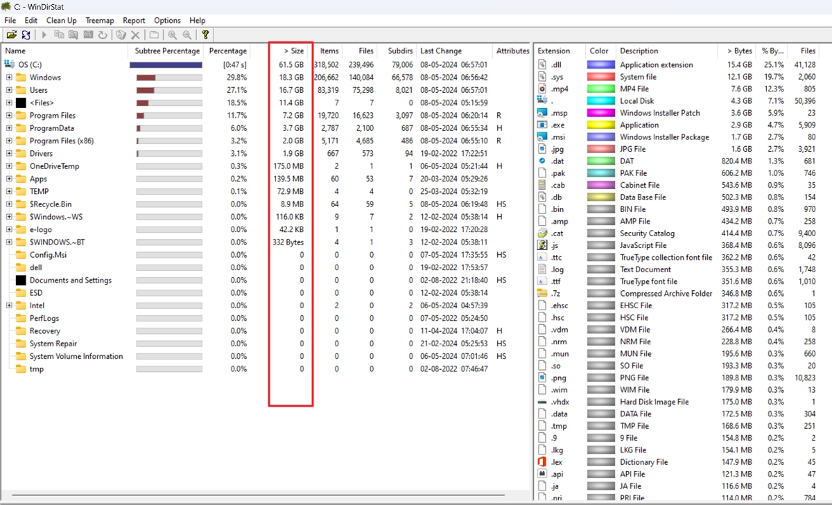 Directory List и Extension List в WinDirStat с выделенной колонкой Size