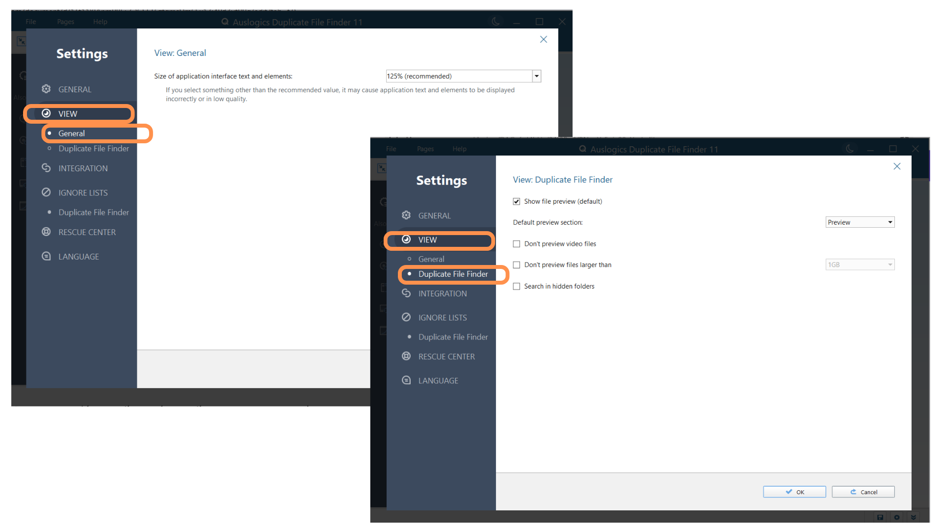 Параметры View: масштаб интерфейса и настройки предпросмотра