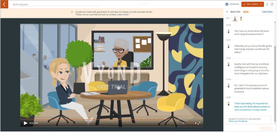 Интерфейс Vyond с анимированной сценой и панелью сценария