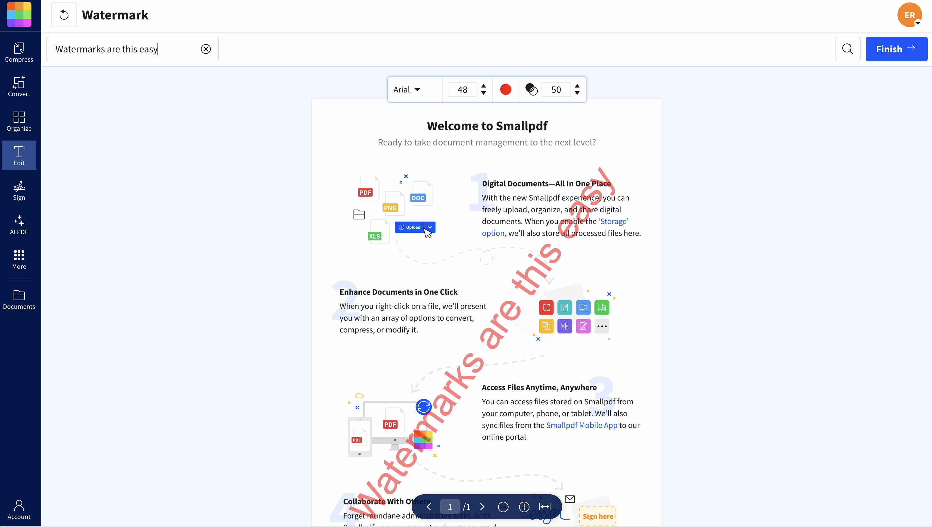 Инструмент Watermark PDF в Smallpdf