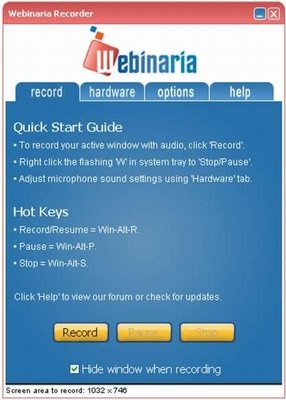 Стартовое окно Webinaria с вкладками record, hardware, options и help