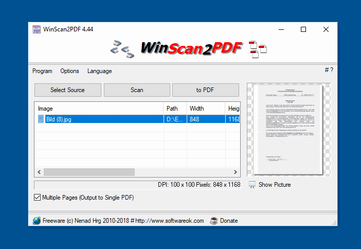 Список страниц и предварительный просмотр в WinScan2PDF