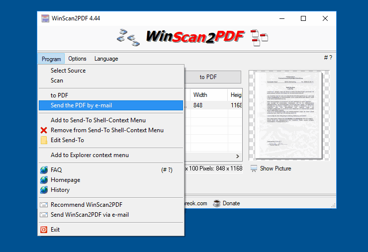 Отправка PDF через меню Program в WinScan2PDF