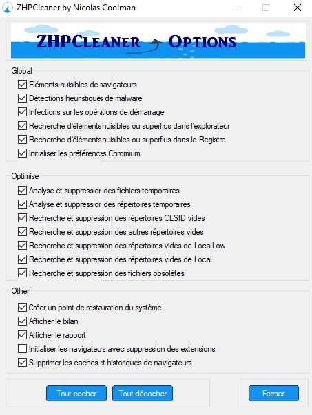 Окно Options в ZHPCleaner с группами Global, Optimise и Other