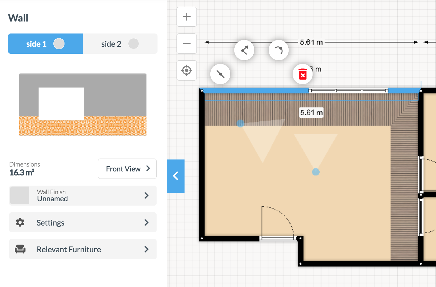 Редактирование стены и выбор стороны отделки в Roomstyler