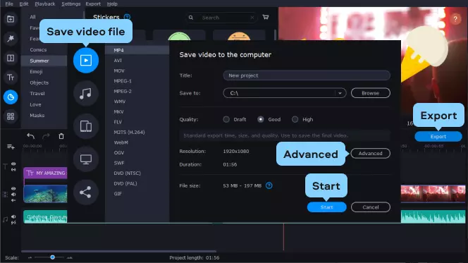 Окно экспорта в Movavi Video Suite
