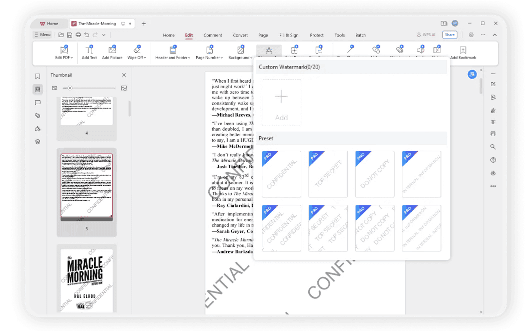 Добавление логотипа или текста на PDF в WPS Office