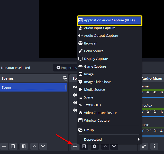 Выбор приложения в источнике Application Audio Capture в OBS Studio