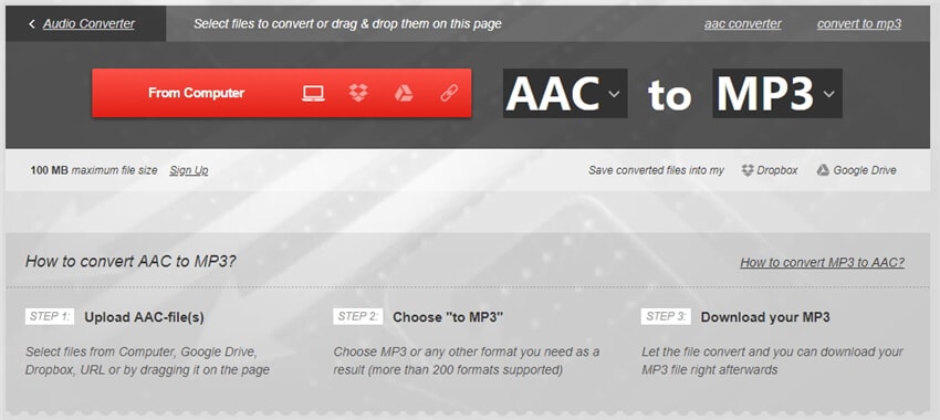 Convertio для перевода AAC в MP3