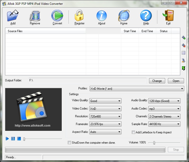 Главное окно Allok 3GP PSP MP4 iPod Video Converter