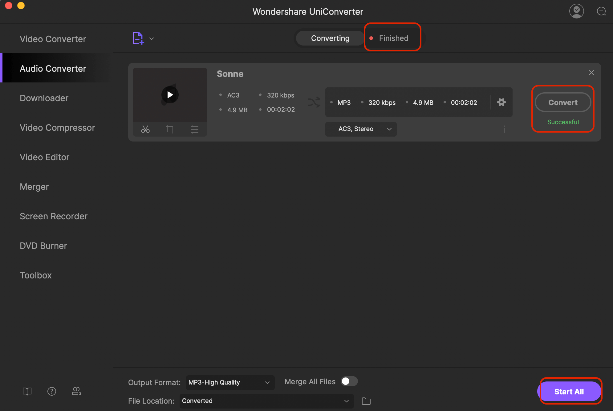 Запуск конвертации AC3 в MP3 на Mac