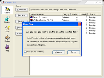 Окно подтверждения перед запуском очистки