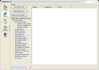 Основное окно раздела Registry в ACleaner