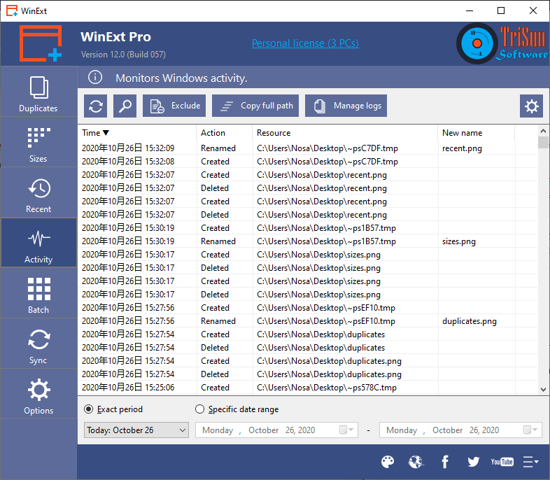 WinExt Free — модуль Activity с журналом операций Created, Deleted и Renamed