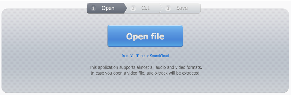 Стартовый экран MP3Cut с кнопкой Open file