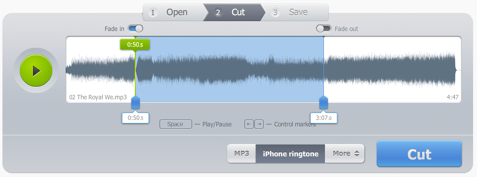 Выбор музыкального фрагмента в MP3Cut