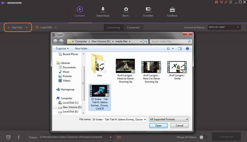 Wondershare UniConverter — добавление файлов и выбор формата
