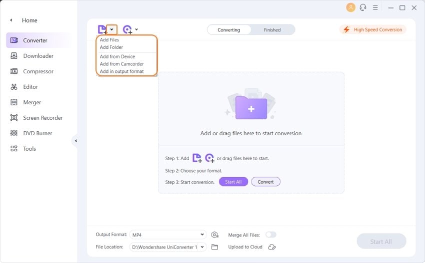 Wondershare UniConverter добавление файлов