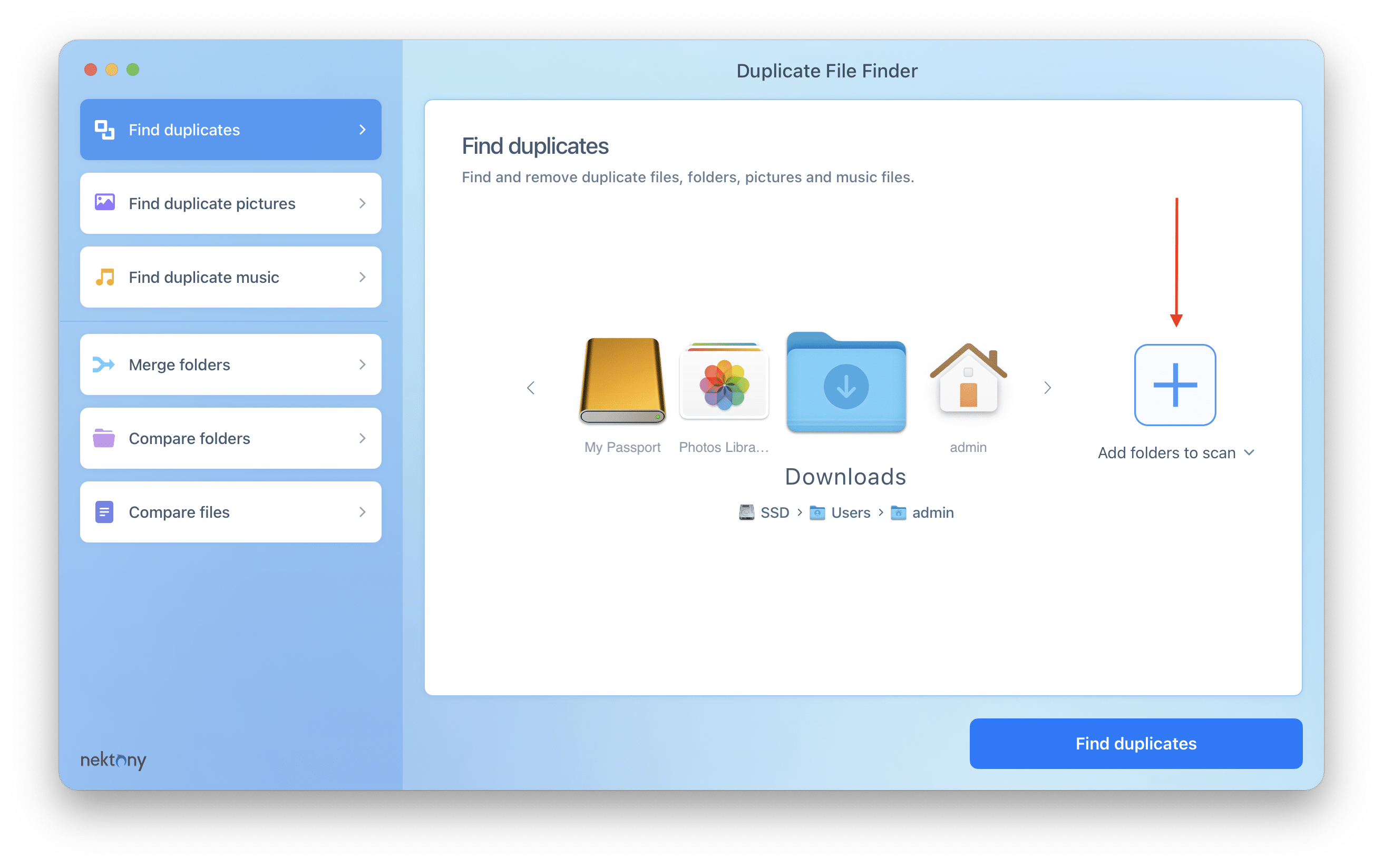 Стартовый экран Nektony Duplicate File Finder с выбором папок для сканирования