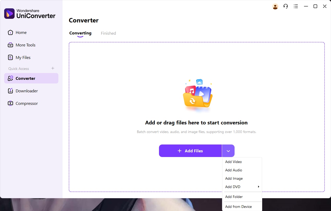 Главное окно Wondershare UniConverter и меню добавления файлов