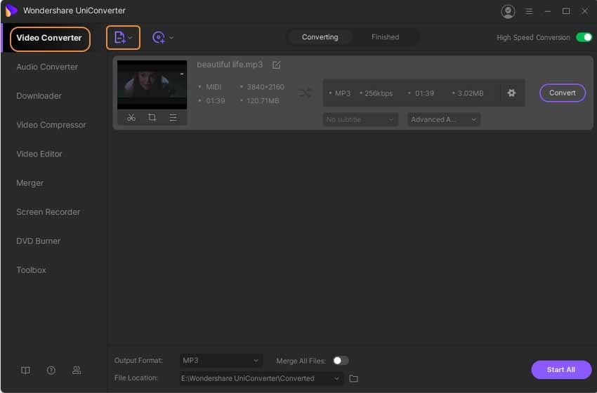 Wondershare UniConverter: добавление MIDI-файла
