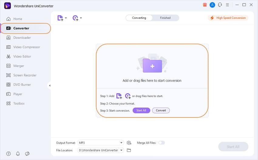 Добавление MP3 в Wondershare UniConverter