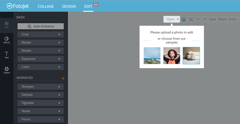 Интерфейс FotoJet Photo Editor с кнопкой Open и панелями Basic / Advanced