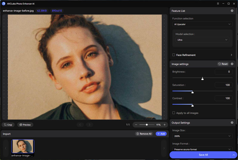 Рабочее окно AVCLabs Photo Enhancer AI после добавления фото