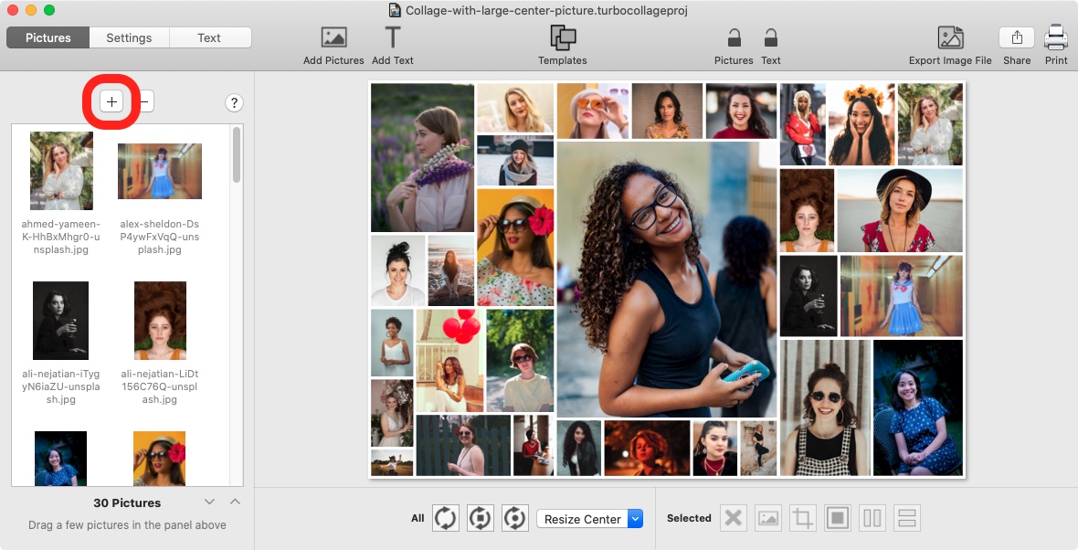 TurboCollage: кнопка Add Pictures и заполненный коллаж