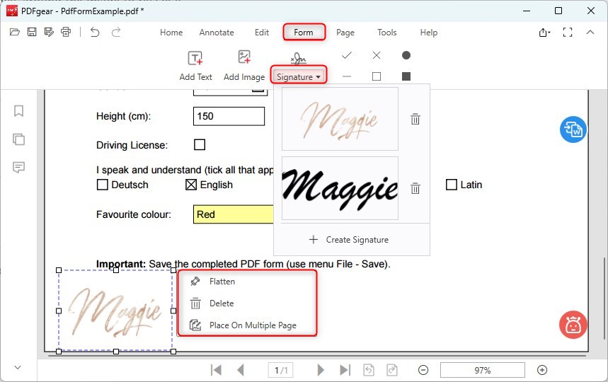 Подпись в PDFgear