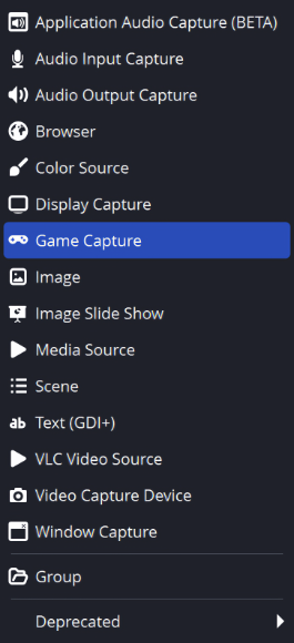 Меню добавления источников в OBS Studio