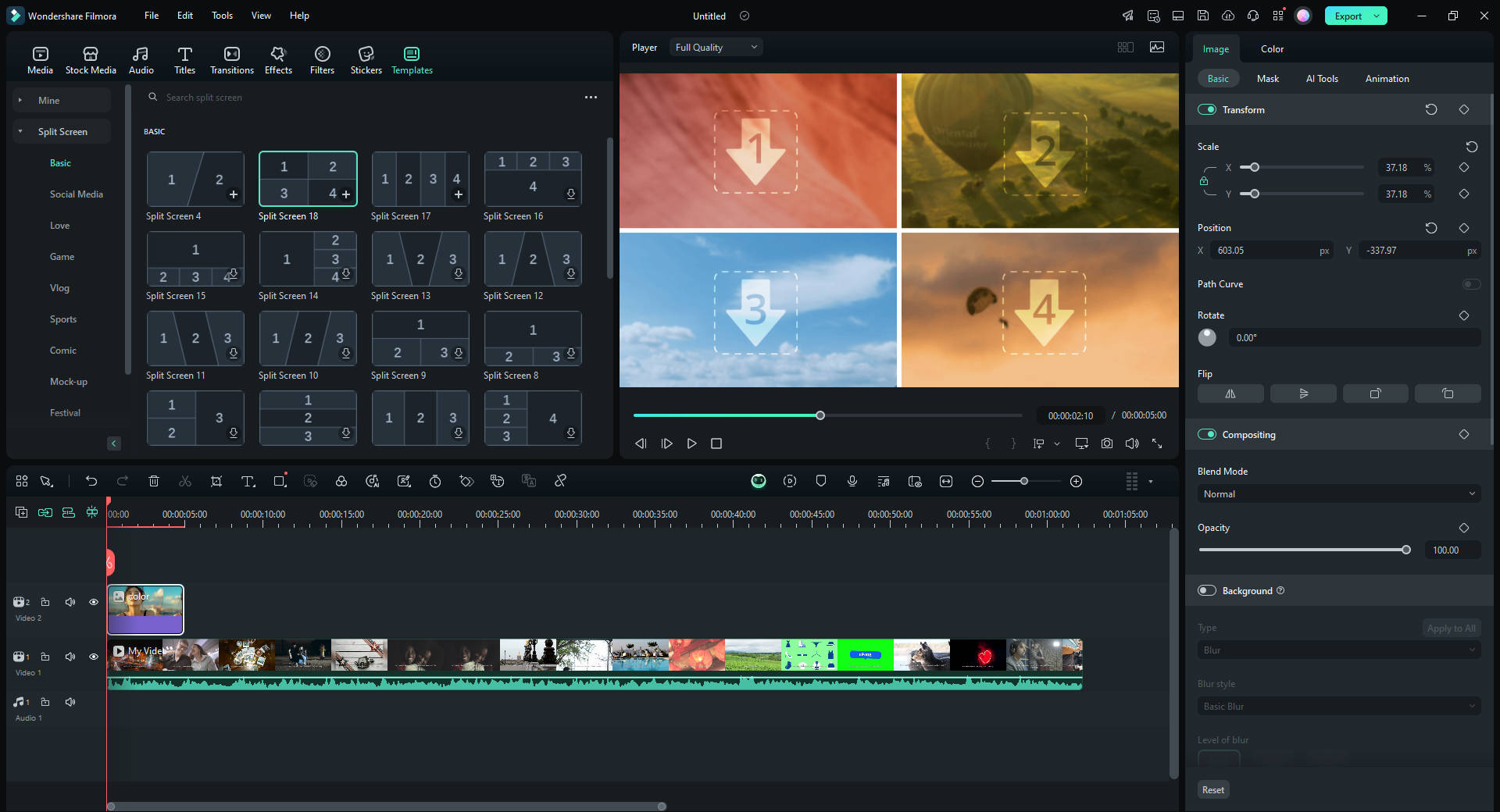 Шаблон split screen в Wondershare Filmora