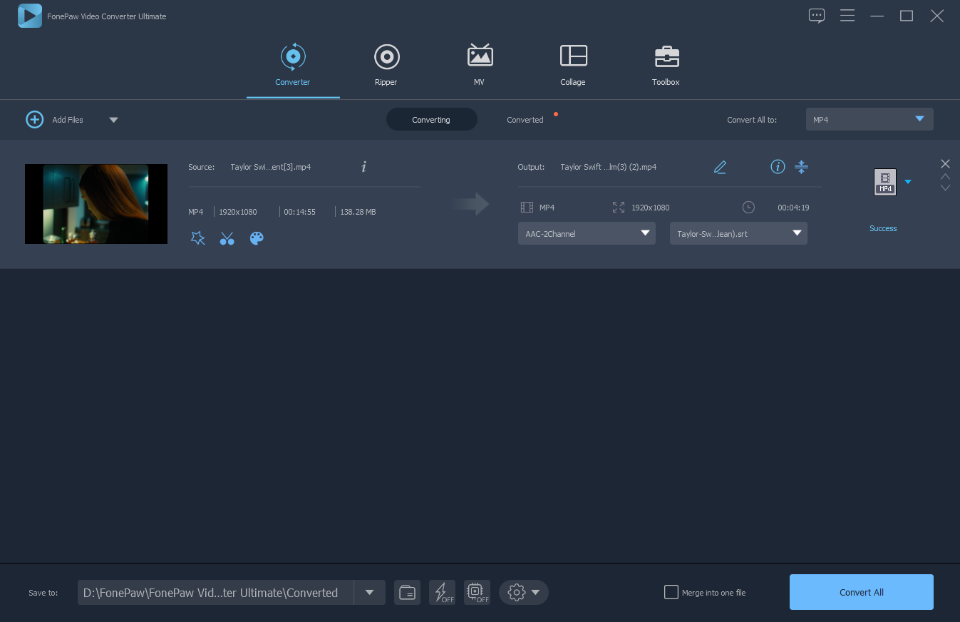 Подключенный файл субтитров в FonePaw Video Converter Ultimate