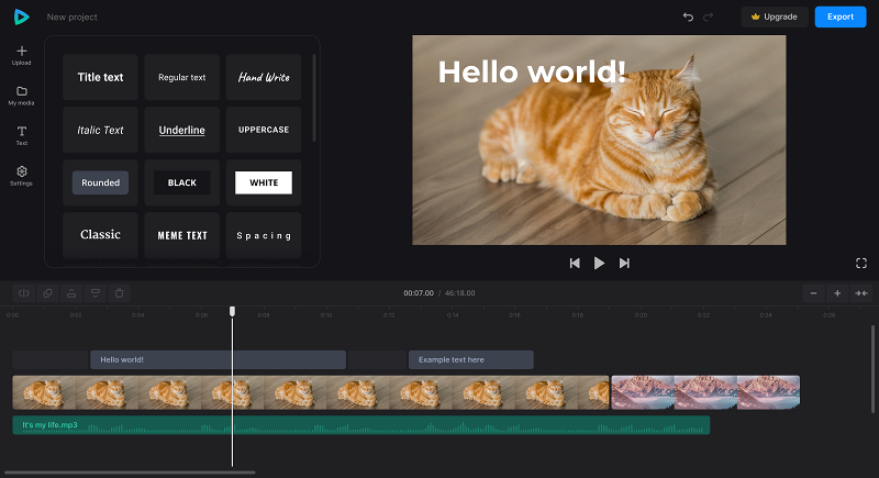 Скриншот Clideo: онлайн-видеоредактор с таймлайном, текстом и дорожками