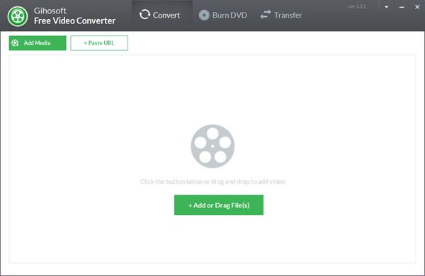 Главное окно Gihosoft Free Video Converter с вкладками Convert, Burn DVD и Transfer