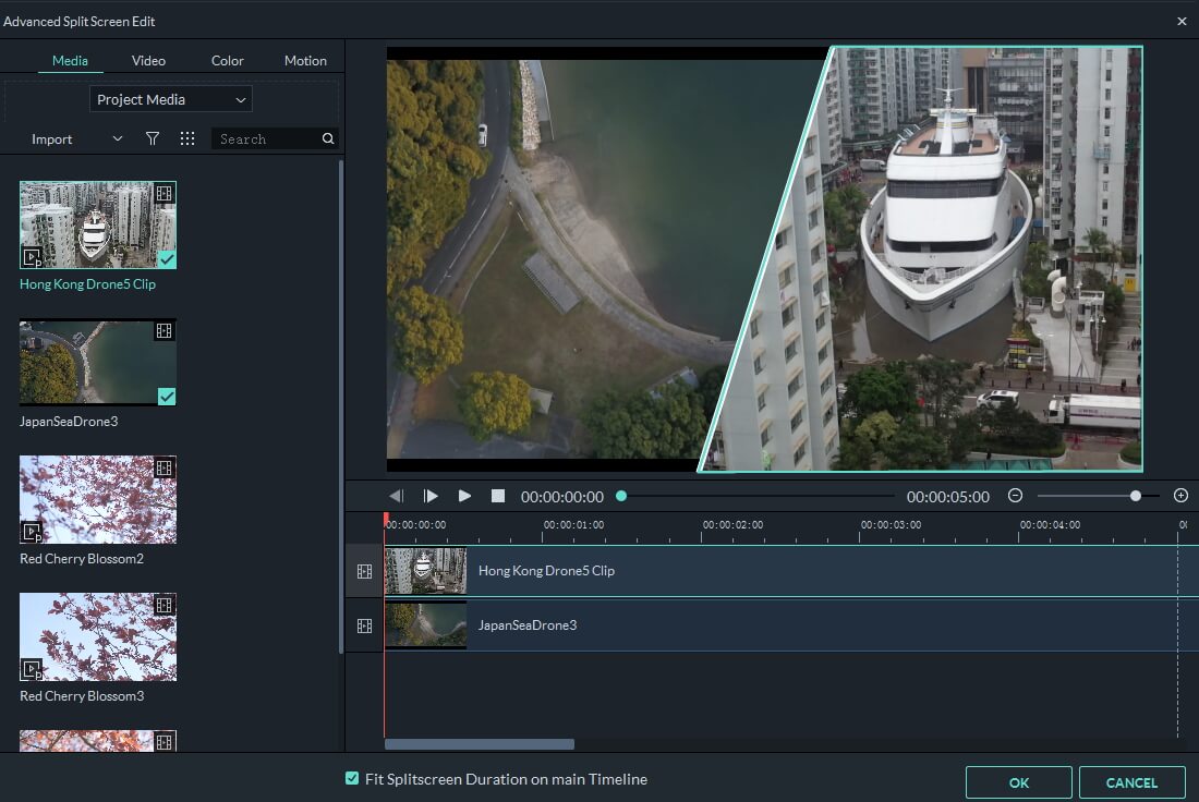 Добавление роликов в split screen Wondershare Filmora