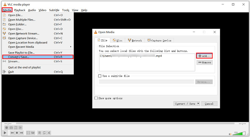 VLC Media Player: добавление файла для конвертации