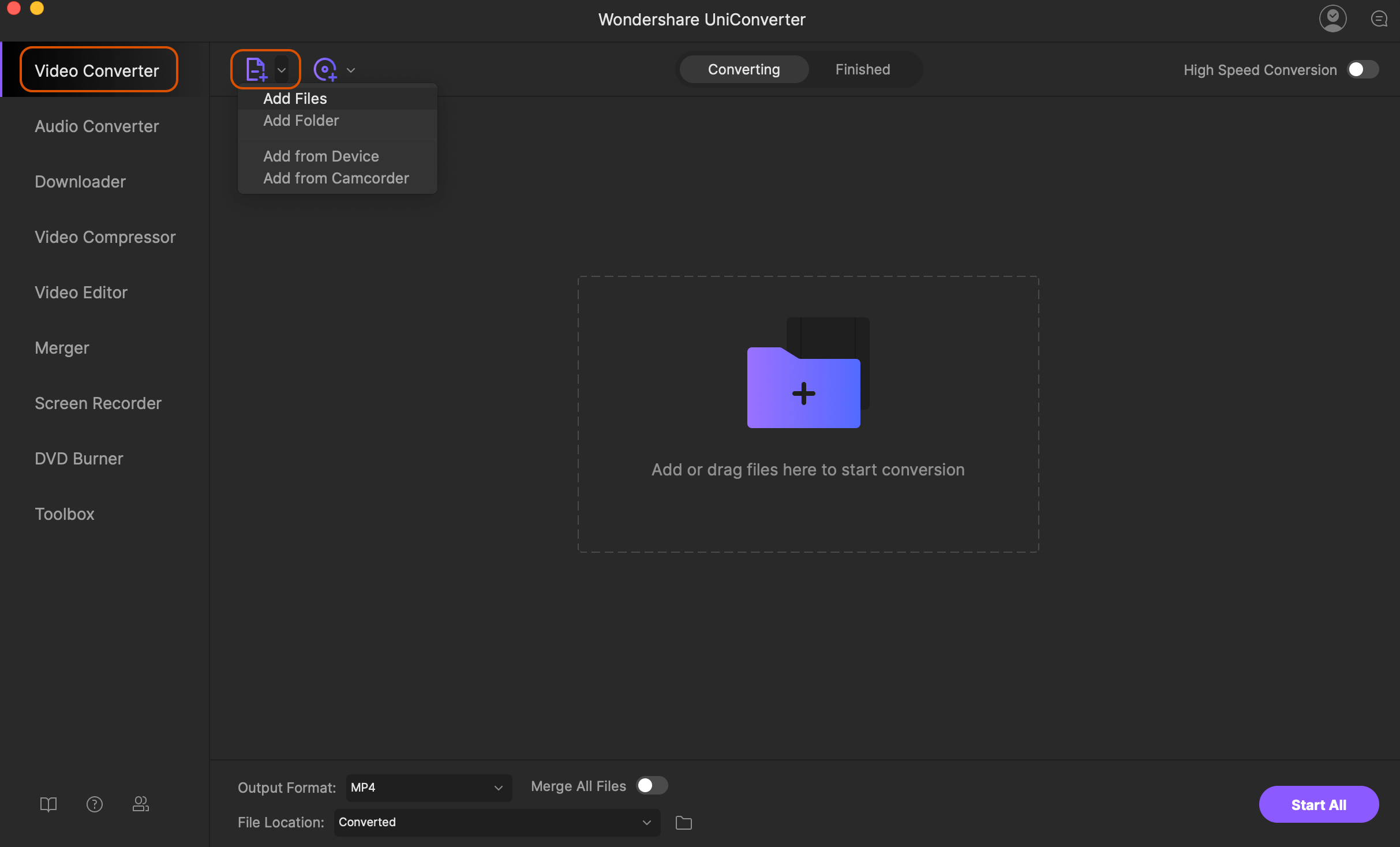 Добавление файла в Wondershare UniConverter на Mac