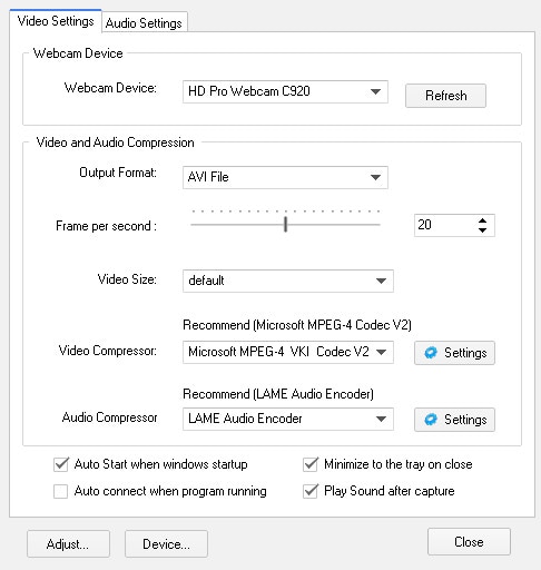 Окно настроек Free2X Webcam Recorder