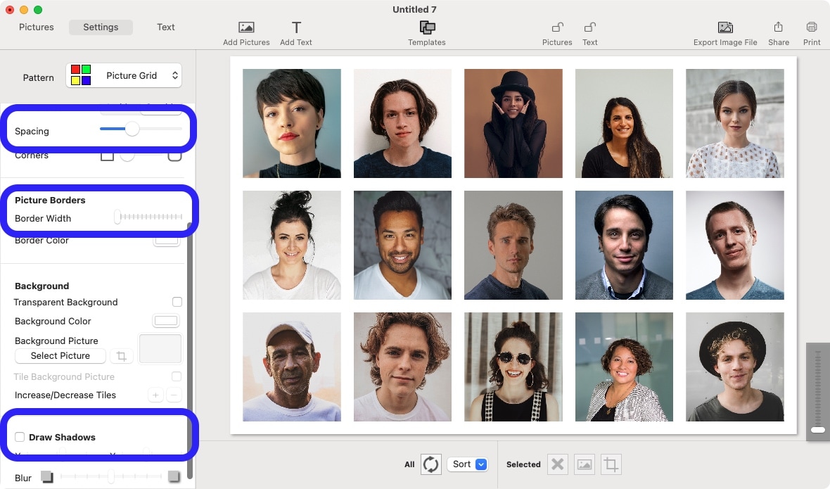 TurboCollage: spacing, border width и shadows в Picture Grid