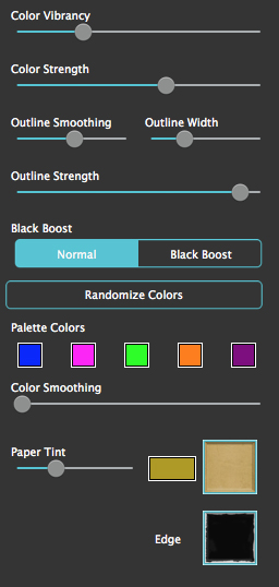 Панель Adjustments в Moku Hanga с настройками Color Vibrancy, Color Strength, Outline Smoothing, Outline Width, Outline Strength, Black Boost, Randomize Colors, Palette Colors, Color Smoothing, Paper Tint и Edge