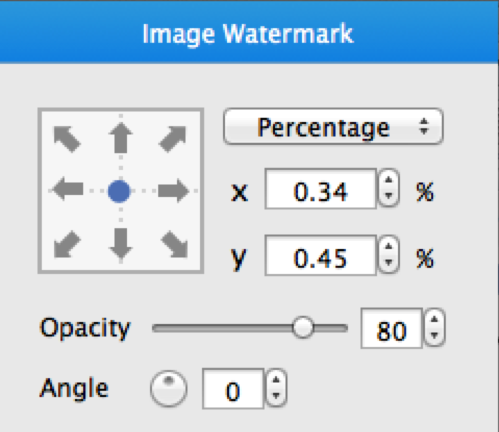 Панель Image Watermark с relative controller, координатами, Opacity и Angle
