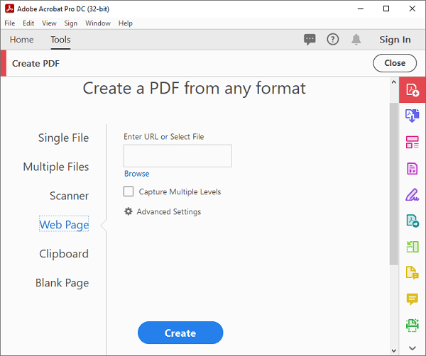 Создание PDF из веб-страницы в Adobe Acrobat