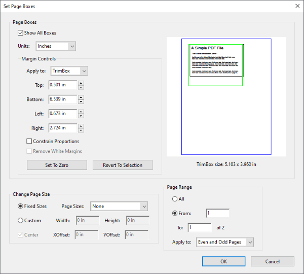 Скриншот Adobe Acrobat Pro с настройкой Set Page Boxes
