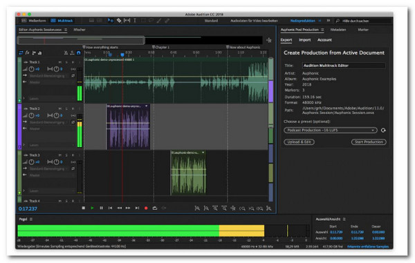 Интерфейс Adobe Audition с многодорожечной сессией