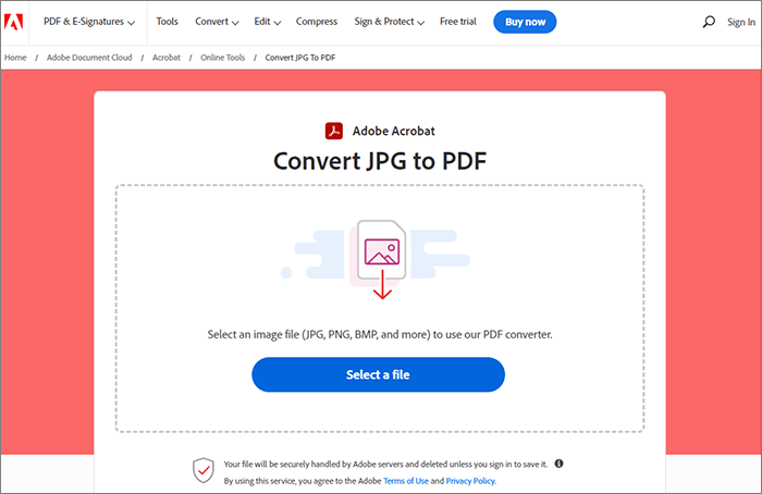 Онлайн-конвертация JPG в PDF через Adobe