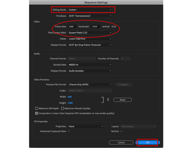 Настройка вертикальной последовательности в Adobe Premiere Pro