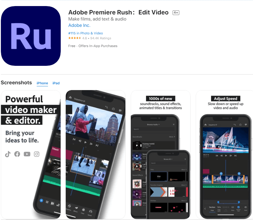Скриншот интерфейса Adobe Premiere Rush