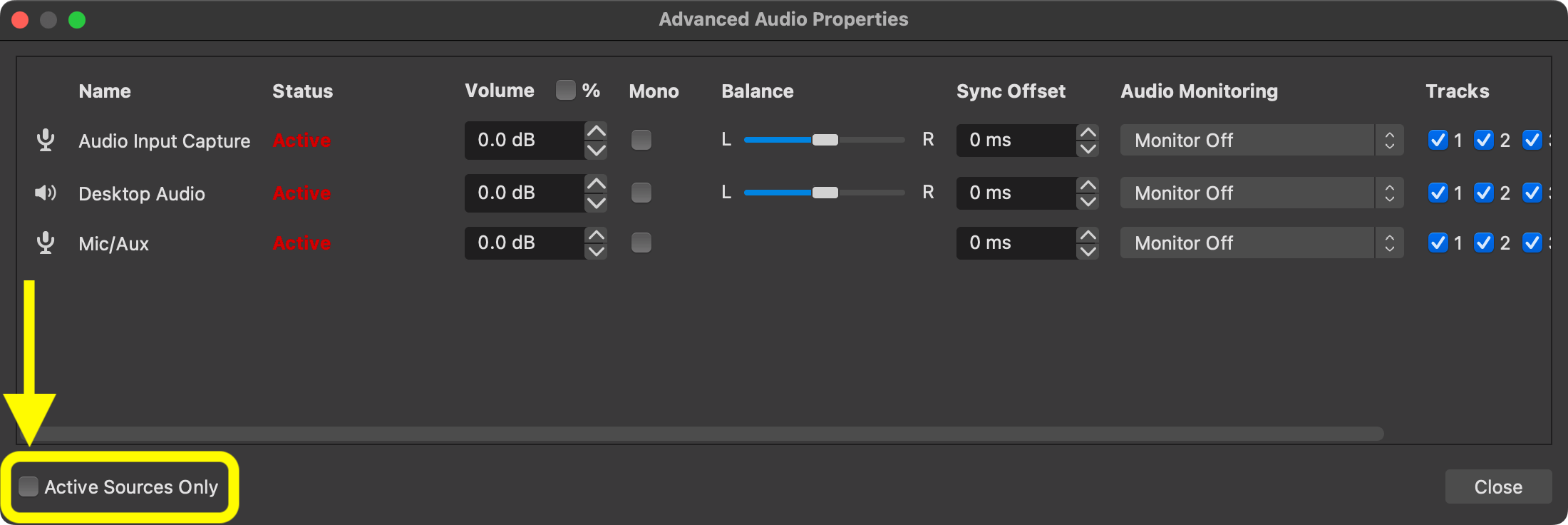Параметр Downmix to Mono в Advanced Audio Properties OBS Studio