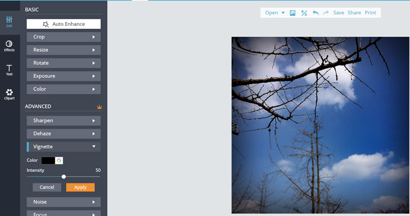 Расширенные настройки FotoJet: Sharpen, Dehaze, Vignette, Noise и Focus